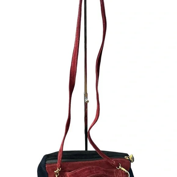 LE SOLIM Classic Italian Suede Burgundy Black Suede Hand/Crossbody Bag Vintage - Picture 6 of 10